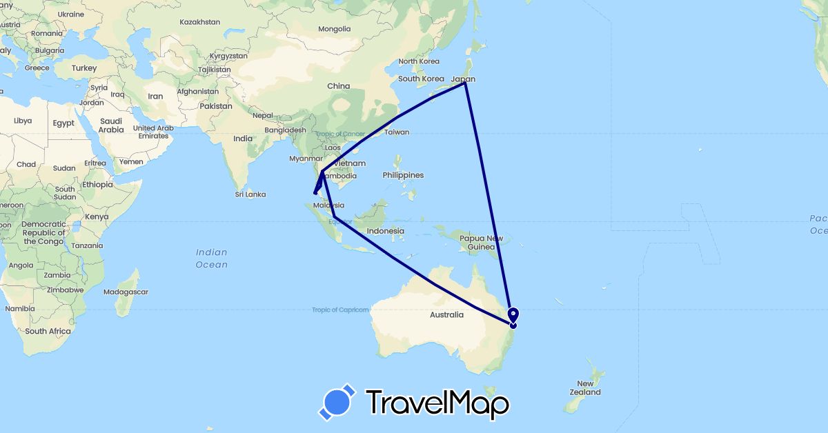TravelMap itinerary: driving in Australia, Japan, Singapore, Thailand (Asia, Oceania)